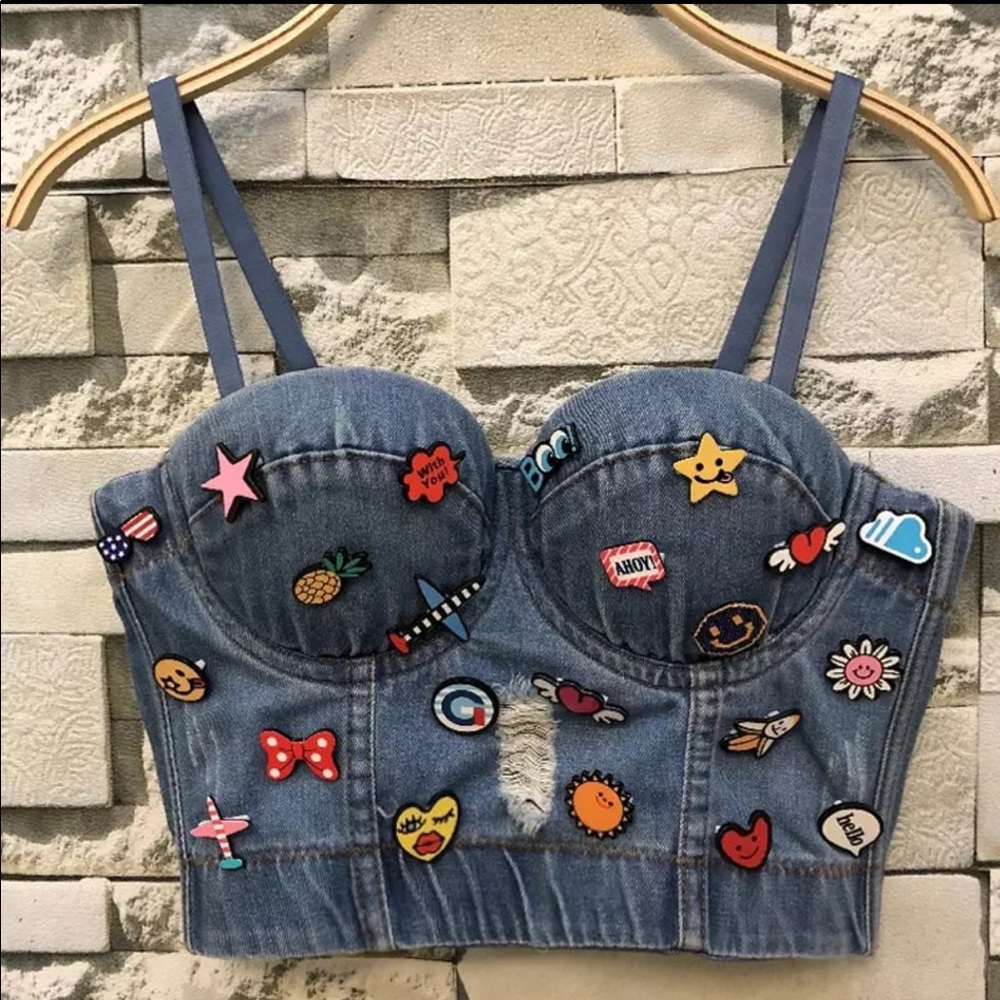 Push Up Denim Bustier Ripped Jean Cropped Top
